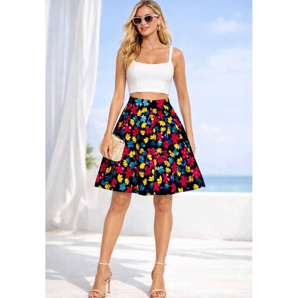 Caslon Vintage Floral A-Line Skirt Women 6 Petite Black Multicolor Vacation EUC
